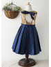 Navy Blue Pleated Satin Gold Sequin Keyhole Back Flower Girl Dress 